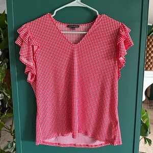 Adrianna Papell Red Gingham Ruffle Sleeve V-Neck Top